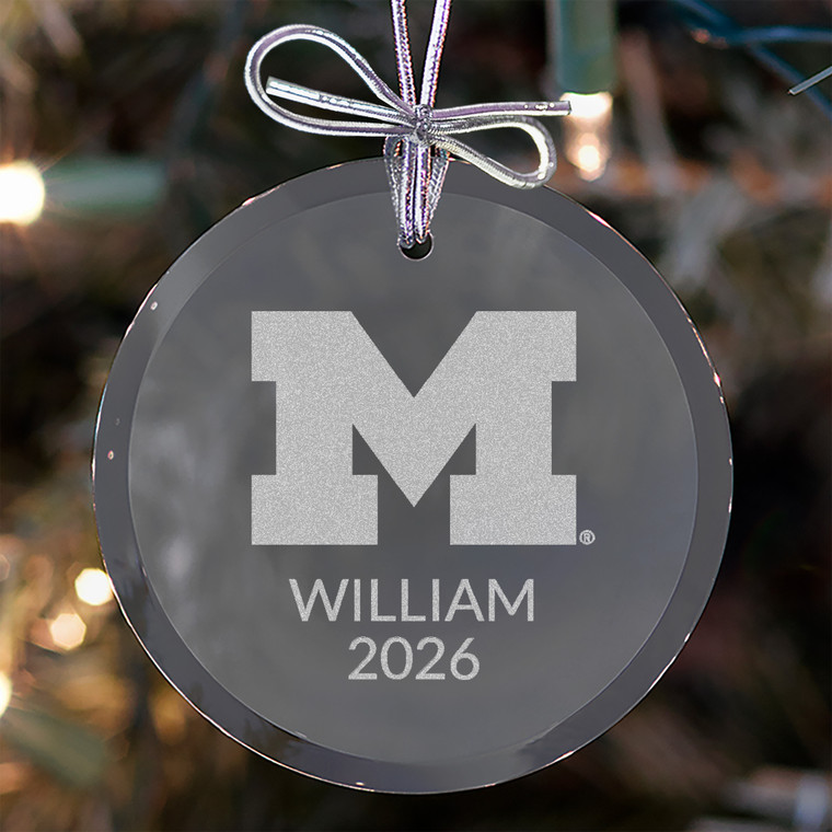 Personalized Michigan Wolverines Glass Ornament — custom engraved in Indiana
