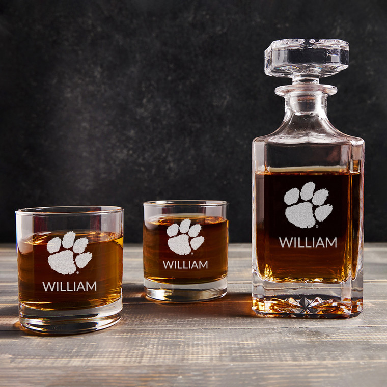 Personalized Clemson Tigers whiskey decanter set including 2 whiskey glasses, custom engraved with your name