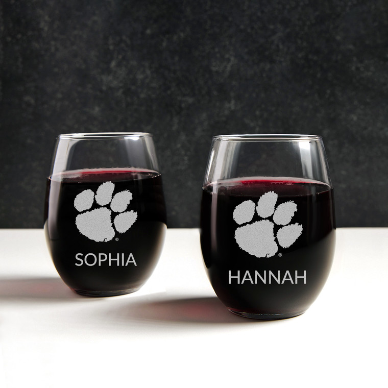 Personalized Clemson Tigers Stemless Wine Glass — custom engraved in Indiana