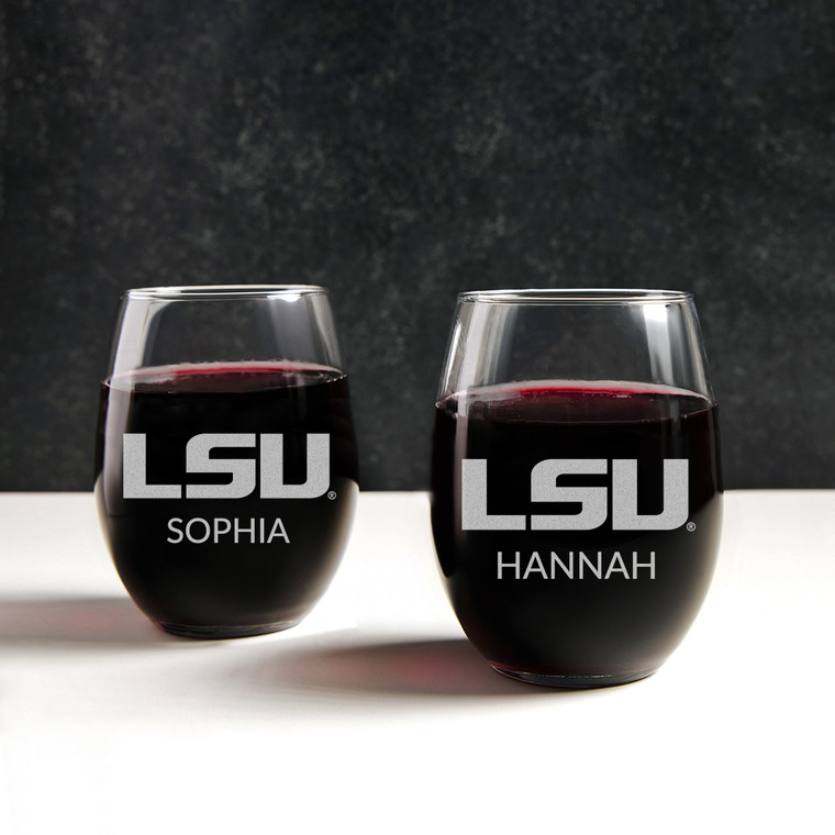 Personalized LSU Tigers Stemless Wine Glass with logo and name
