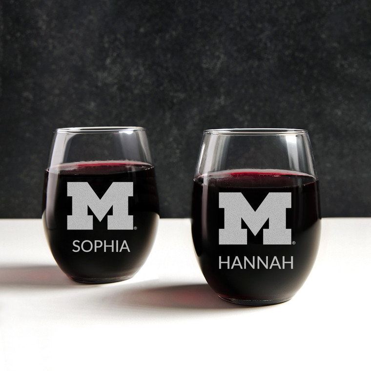 Personalized Michigan Wolverines Stemless Glass — custom engraved in Indiana