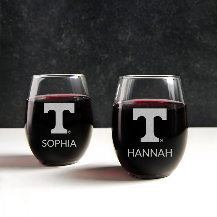 Personalized Tennessee Volunteers Stemless Wine Glass with logo and name