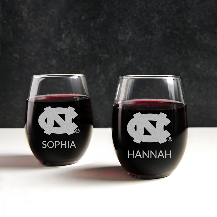 Personalized North Carolina Tar Heels Stemless Wine Glass — custom engraved in Indiana