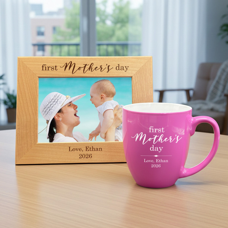 Personalized First Mother's Day Pink Coffee Mug and Picture Frame — custom engraved in Indiana