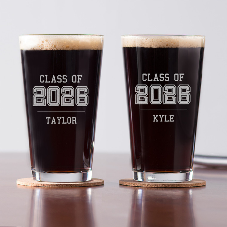Personalized Pint Glass — engraved Class of 2026 design, custom engraved in Indiana