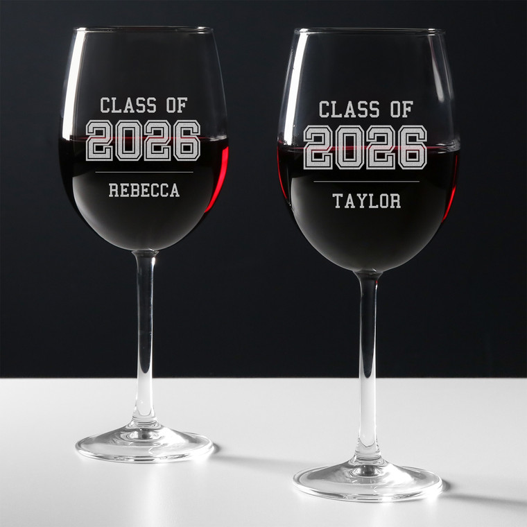 Personalized Stemmed Wine Glass — engraved Class of 2026 design, custom engraved in Indiana