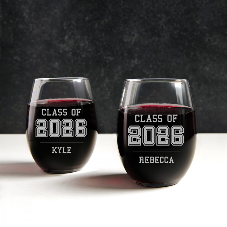 Personalized Stemless Wine Glass — engraved Class of 2026 design, custom engraved in Indiana