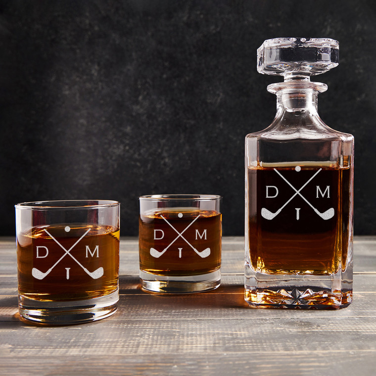 Personalized Whiskey Decanter Set — engraved golf club monogram, custom engraved in Indiana