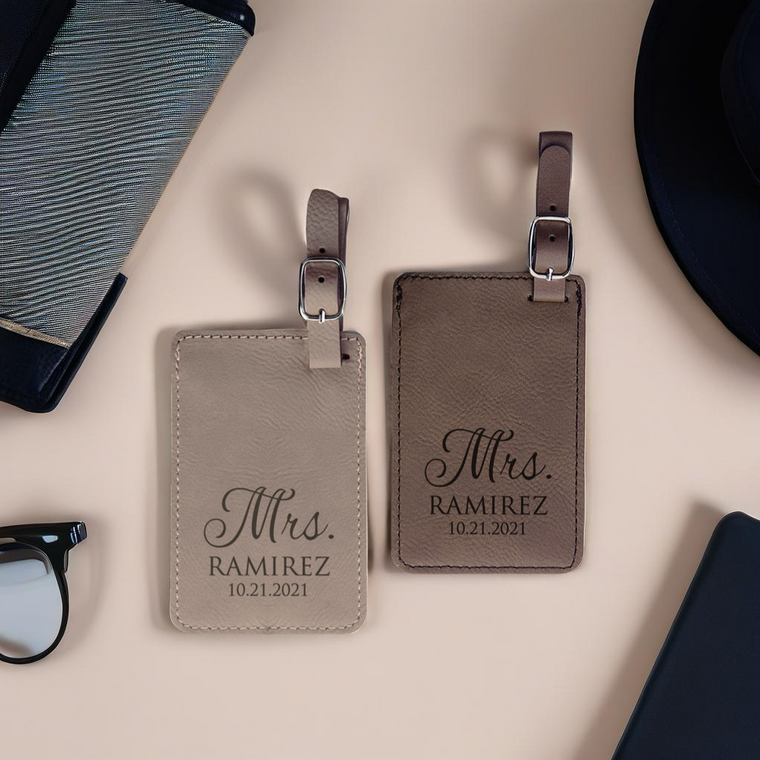 Custom wedding luggage tags gift for bride and groom, brown