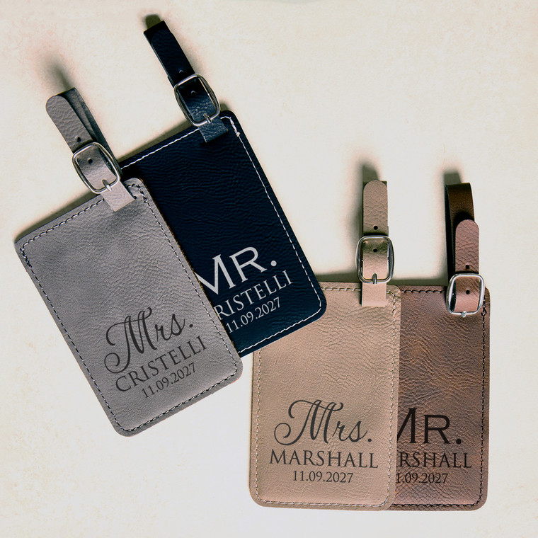 Personalized Mr & Mrs Luggage Tags Pair — custom engraved in Indiana