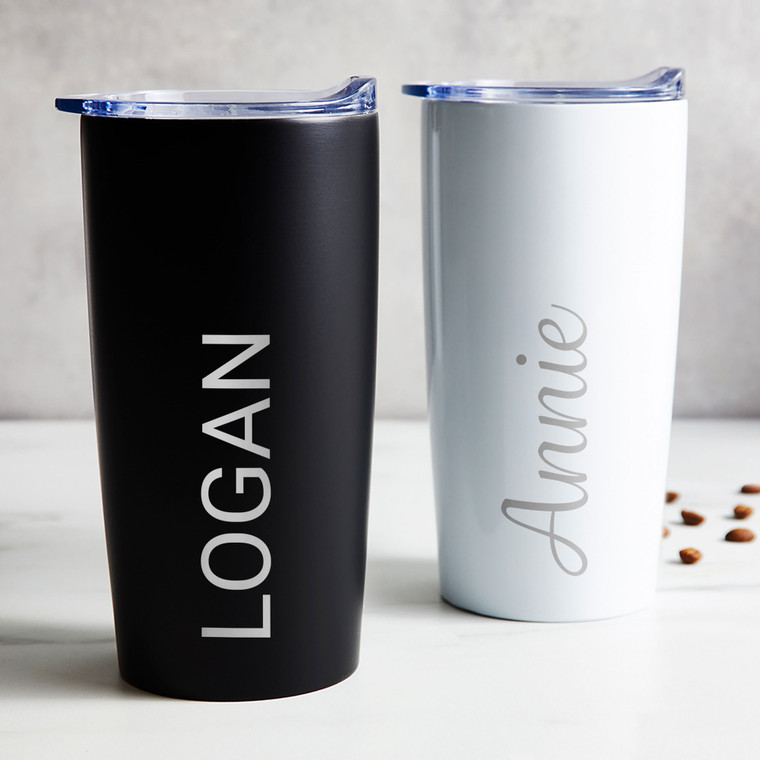 Personalized stainless steel coffee tumbler in black or white laser engraved with your name in your font choice Personalized stainless steel coffee tumbler in black or white laser engraved with your name in your font choice