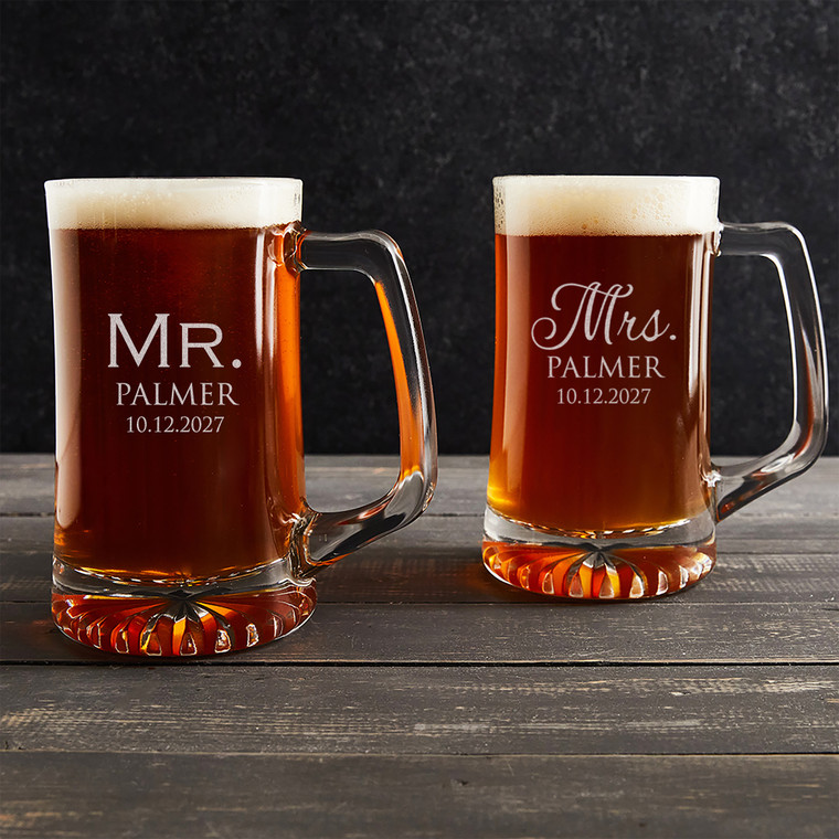 Personalized Mr. & Mrs. Beer Mugs  by Lifetime Creations. Laser engraved with Mr. and Mrs. on each beer mug and your last name and wedding date.