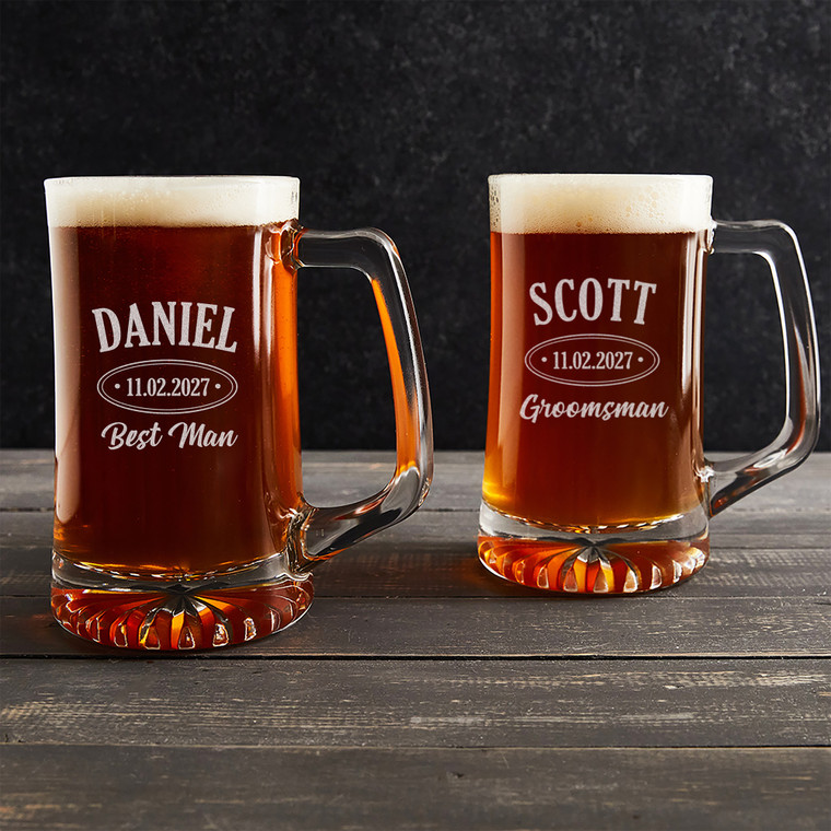 Custom Engraved Groomsman Beer Mug by Lifetime Creations. Laser engraved with your groomsman's name, role, and your wedding date.