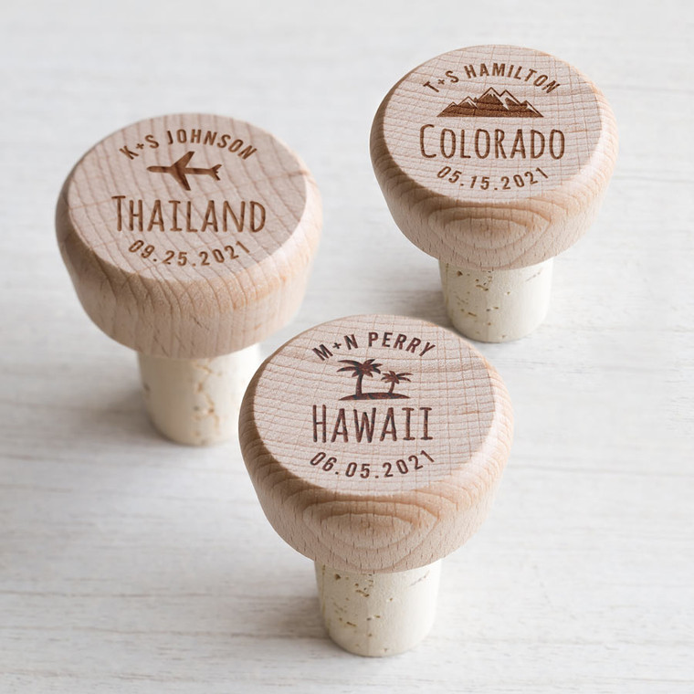 Personalized Destination Wedding Wine Stopper Favors — custom engraved in Indiana