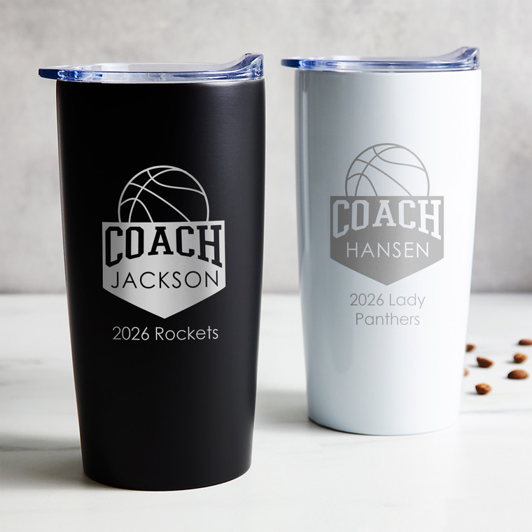 Personalized Basketball Coach stainless steel coffee tumbler in black or white laser engraved with basketball design, coach's name, and your special message, gifts for basketball coaches appreciation thank you