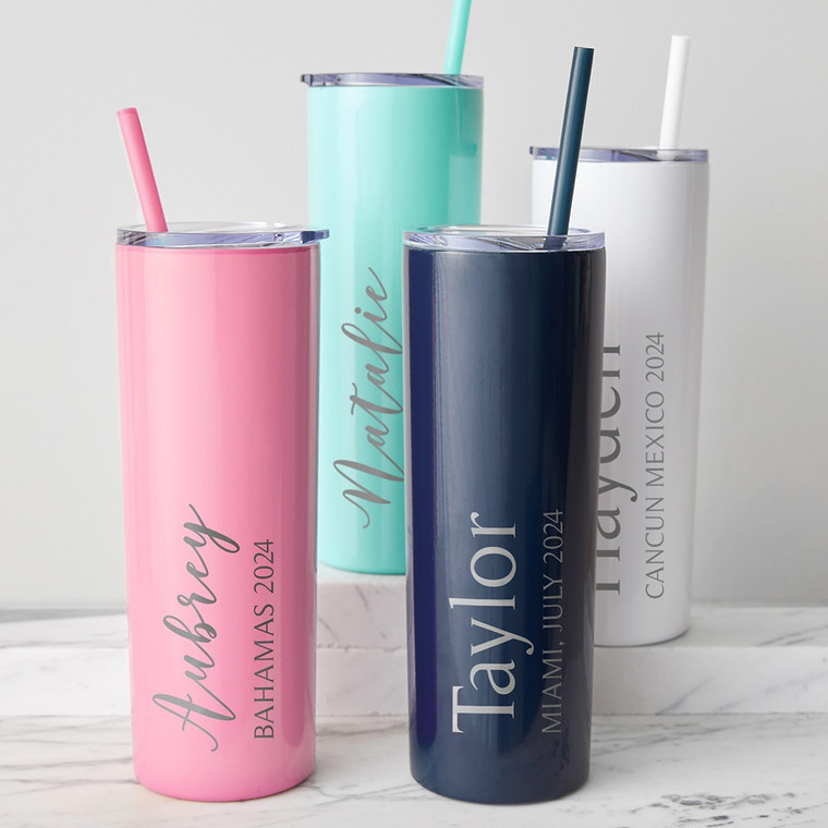 Personalized Navy Vacation Skinny Tumbler With Straw