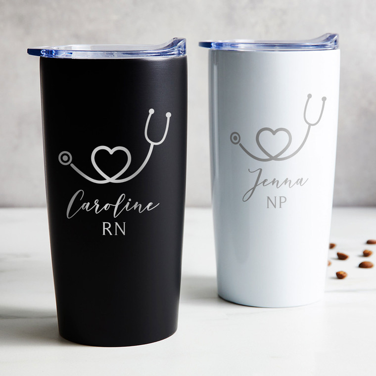 Personalized Nurse tumbler gift for nursing student graduate or new nurse, available in black or white laser engraved with stethoscope heart design and you name and title Personalized Nurse tumbler gift for nursing student graduate or new nurse, available in black or white laser engraved with stethoscope heart design and you name and title