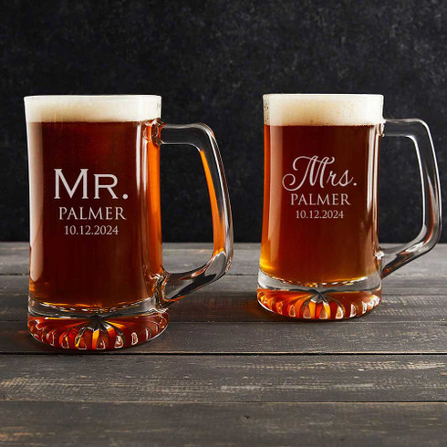 mr. and mrs. beer can glasses personalized beer glasses bridal shower gift  gift for bride and groom gift for newlyweds