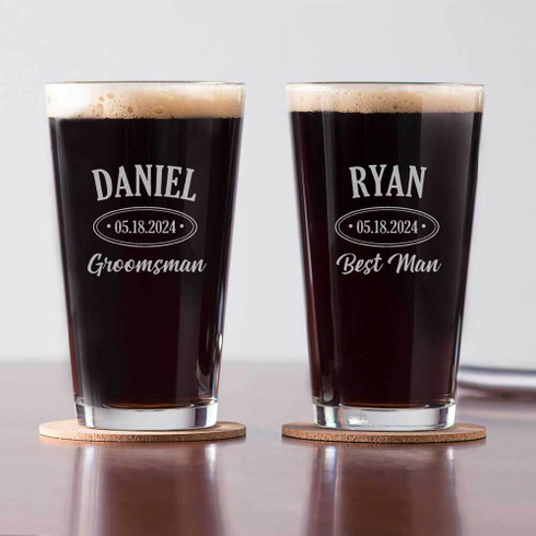 Custom Groomsmen Pint Pub Beer Glass- Tuxedo Top Hat Engraved Design -  Groovy Groomsmen Gifts