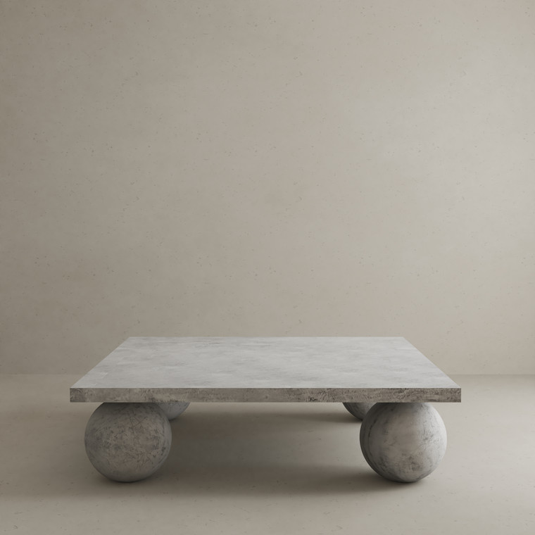 Shaped by hand, concrete, Dani Coffee Table, sophisticated modern design, simplicity, artistically crafted, sphere bases, intrinsic beauty, distinguished material, solid construction, indoor, outdoor space.