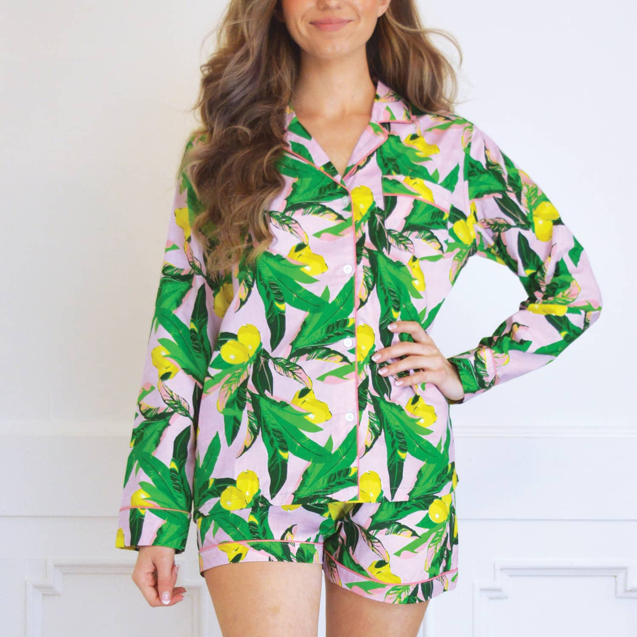 Lavendar Lemons PJ Set with Shorts Long Sleeve Top