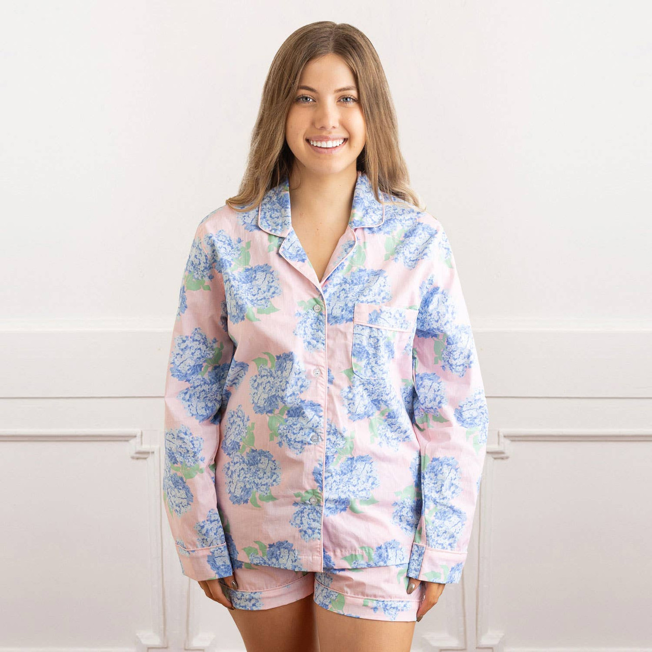 Hydrangea Pink PJ Set with Shorts & Long Sleeve Top - 8 Oak Lane