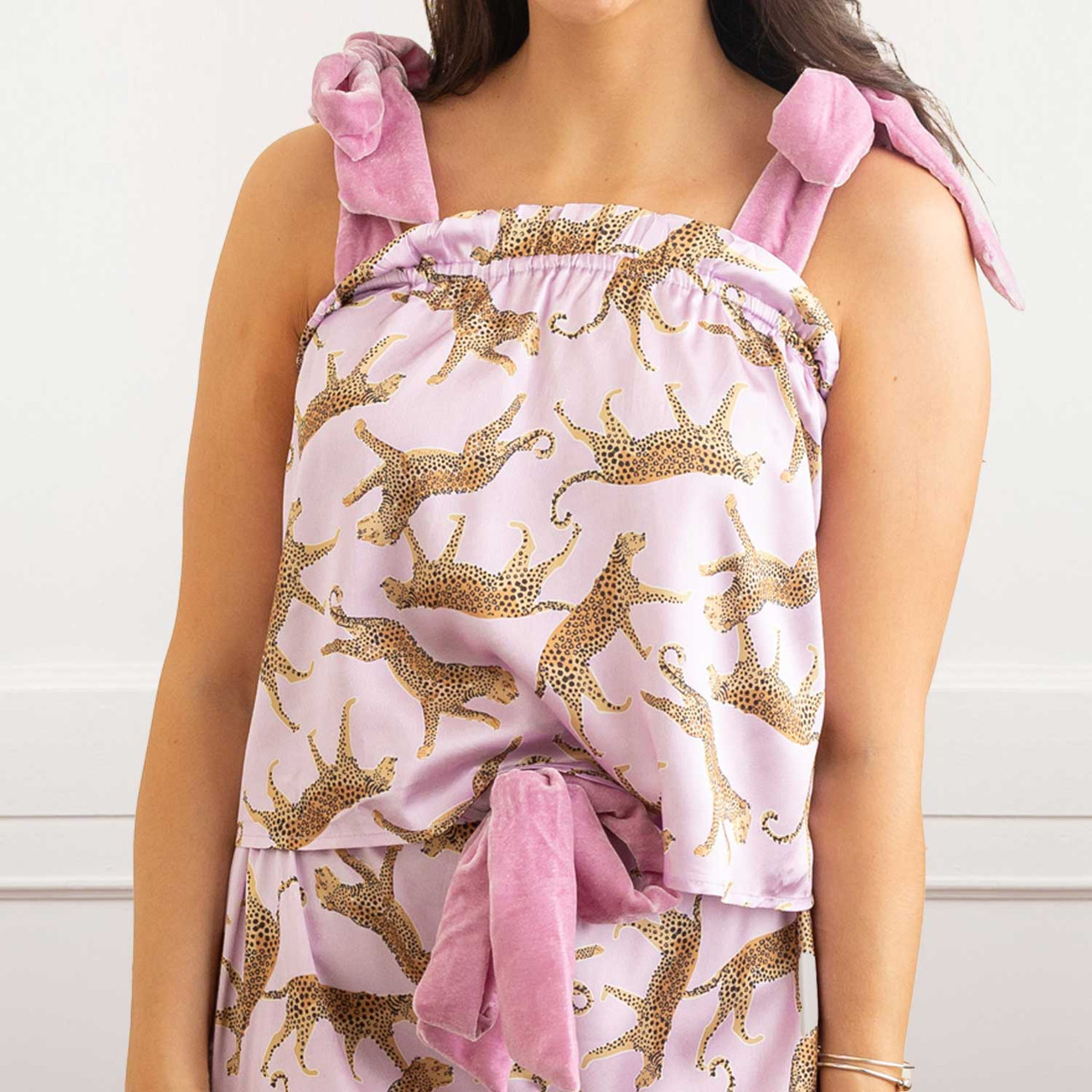 Lavender Leopard Tie Top Satin Ruffle Short PJ Set - 8 Oak Lane