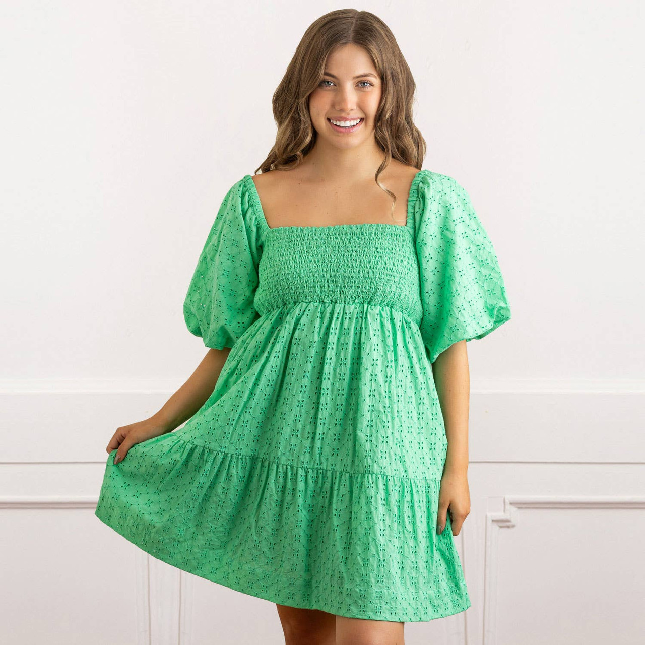 etoll. Jacquard puff sleeve dress グリーン ジャガードパフスリーブドレス｜パーティードレス・結婚式