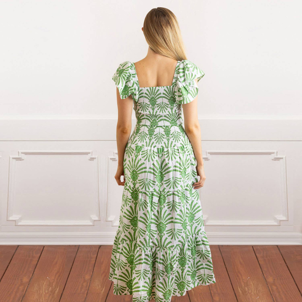 Green Deco Palm Smocked Flutter Sleeve Top & Skirt Set - 8 Oak Lane