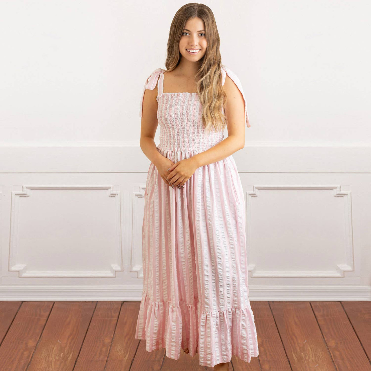 Pink & White Textured Tie Top Smocked Dress - 8 Oak Lane