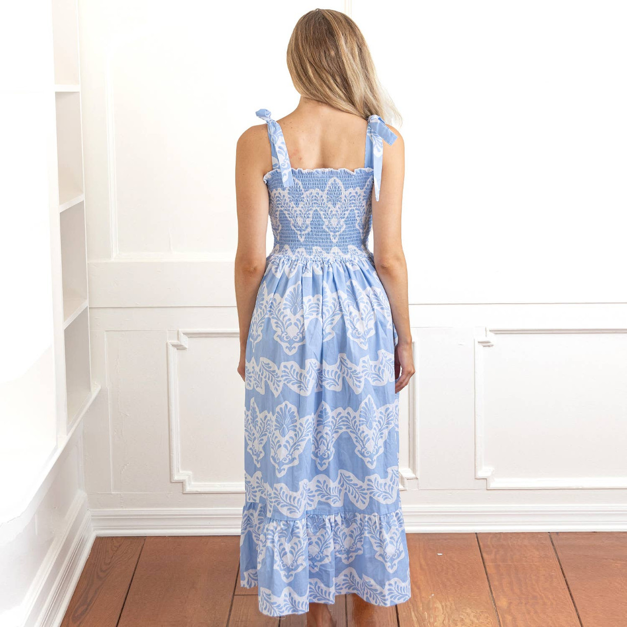 Modern Blue Tie Top Smocked Dress - 8 Oak Lane
