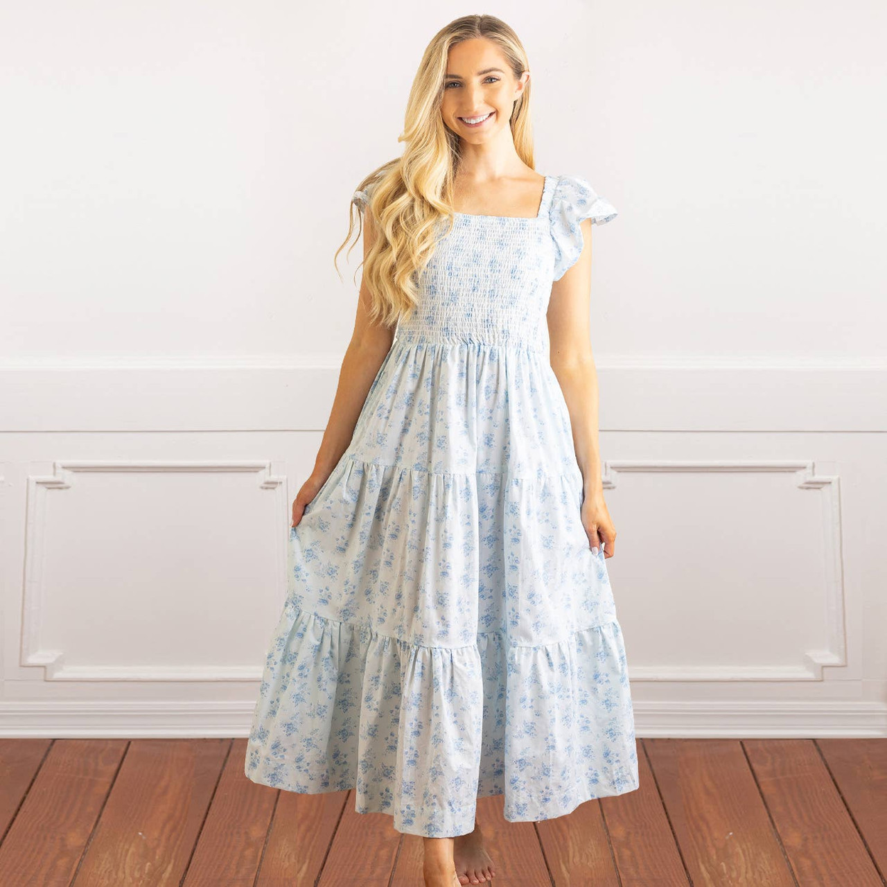 blue flutter sleeve maxi dress Warehouse Women's Tulle Floral Plunge Neck Flutter Sleeve Tier Maxi Dress in Blue