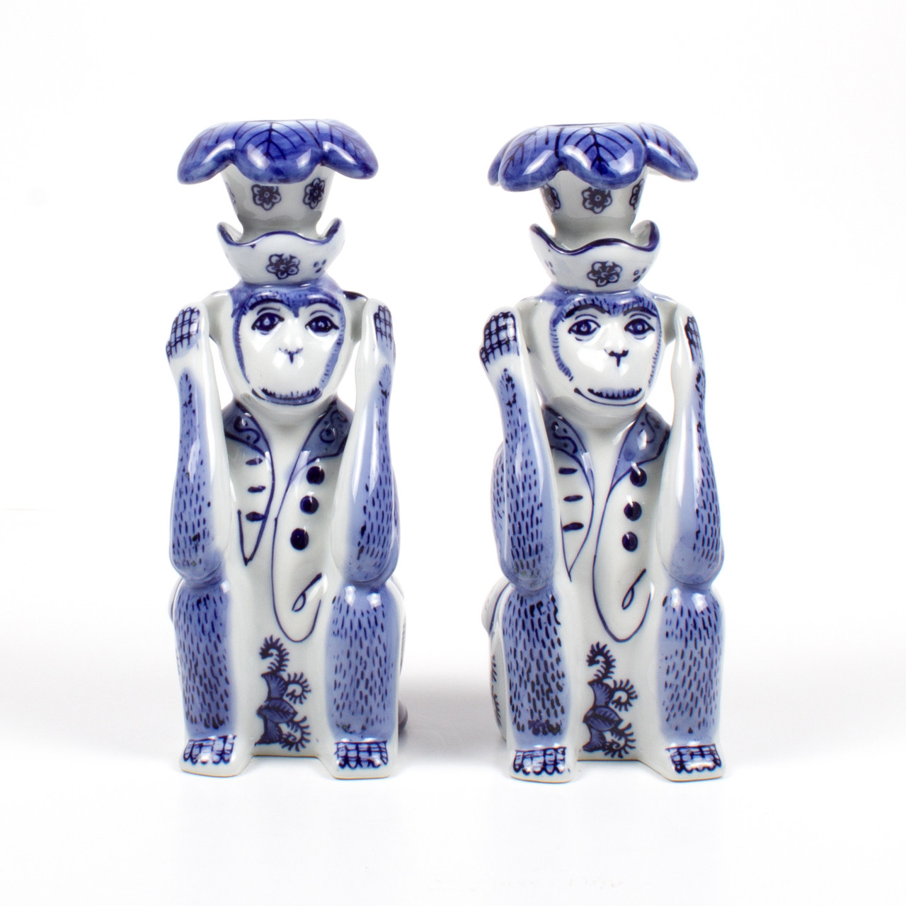 Blue Chinoiserie Monkey Candlestick Set - 8 Oak Lane