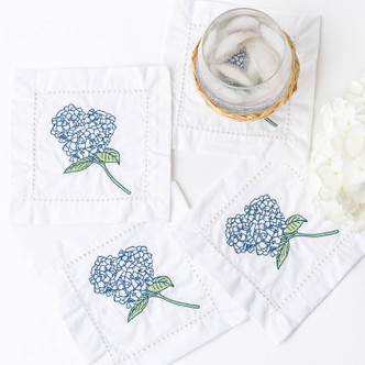 8 Oak Lane Hydrangea Stem Embroidered Cocktail Napkin Set