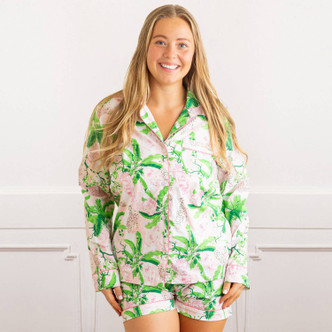 8 Oak LanePink Leopard Palm PJ Set with Shorts & Long Sleeve Top