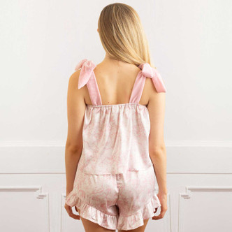 Image of 8 Oak Lane Pink Bow Toile Tie Top Satin Ruffle Short PJ Set