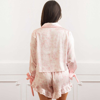 Image of 8 Oak Lane Pink Bow Toile Satin Ruffle Short PJ Set