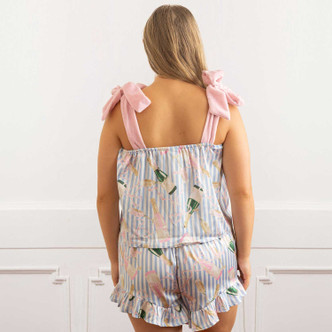 Image of 8 Oak Lane Champagne Stripe Tie Top Satin Ruffle Short PJ Set