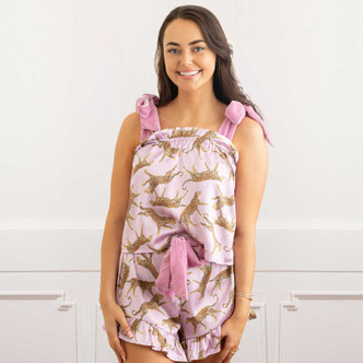 8 Oak LaneLavender Leopard Tie Top Satin Ruffle Short PJ Set