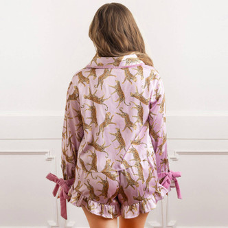 Image of 8 Oak Lane Lavender Leopard Satin Ruffle Short PJ Set