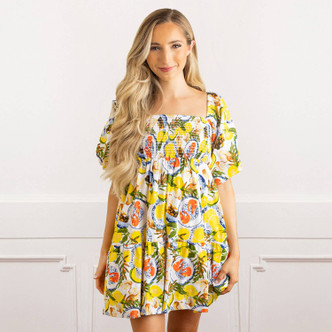 8 Oak Lane Lemon Santorini Puff Sleeve Smocked Dress