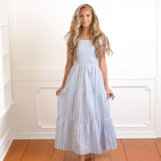 8 Oak Lane Blue & White Textured Stripe Smocked Flutter Sleeve Dress