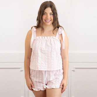 8 Oak Lane women’s pink striped cotton pajama set with smocked tank top, tie straps and ruffle trim shorts (front view)
