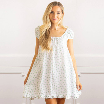 8 Oak Lane women’s white cotton sleep dress with green bud floral print, cap sleeves and ruffle hem (front view)