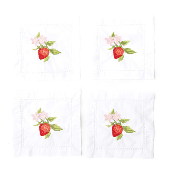 Set of white cocktail napkins with embroidered strawberry and green leaf design (product view)
