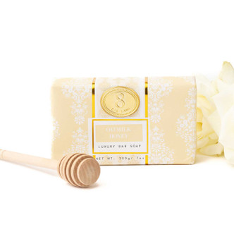 8 Oak Lane oatmilk honey wrapped bar soap in cream packaging with warm neutral design (front view)