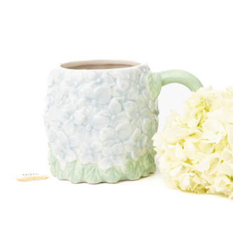 8 Oak Lane hydrangea coffee mug with green floral pattern and ceramic finish (front view)