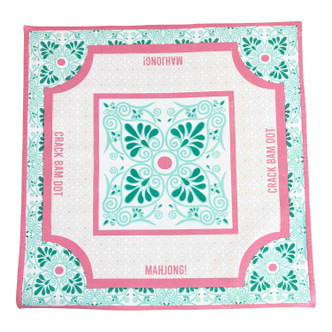 8 Oak Lane mahjong game mat with pink border, mint background and floral tile design (top view)