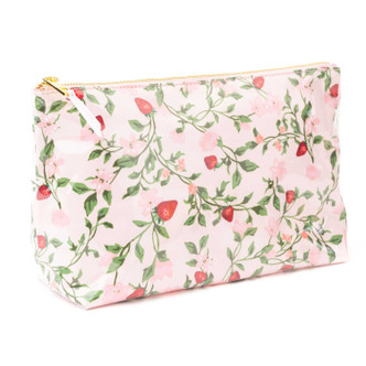 Berry botanical cosmetic pouch with clear coated finish and strawberry vine floral pattern (angled view)