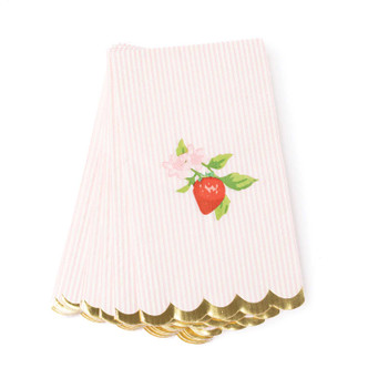 8 Oak Lane botanical berry paper guest towel pack with strawberry motif, scalloped edges and gold trim (front view)
